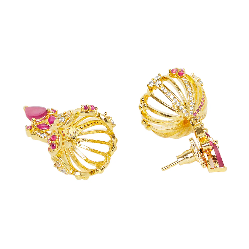 American Diamond CZ Traditional Gold Plated Red & White Brass Jhumka Earrings for Women - Image 4