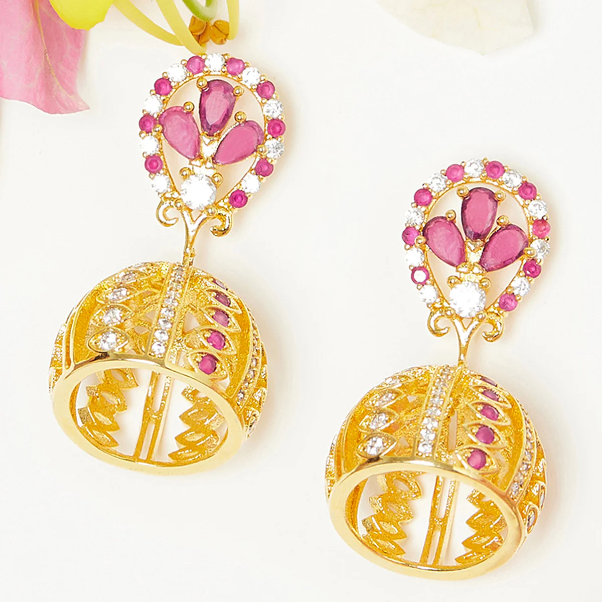 American Diamond CZ Traditional Gold Plated Red & White Brass Jhumka Earrings for Women