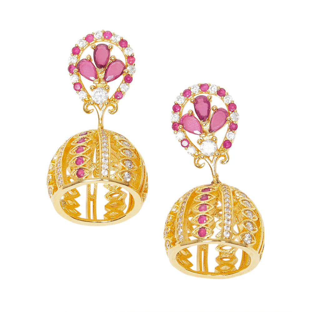 American Diamond CZ Traditional Gold Plated Red & White Brass Jhumka Earrings for Women - Image 3