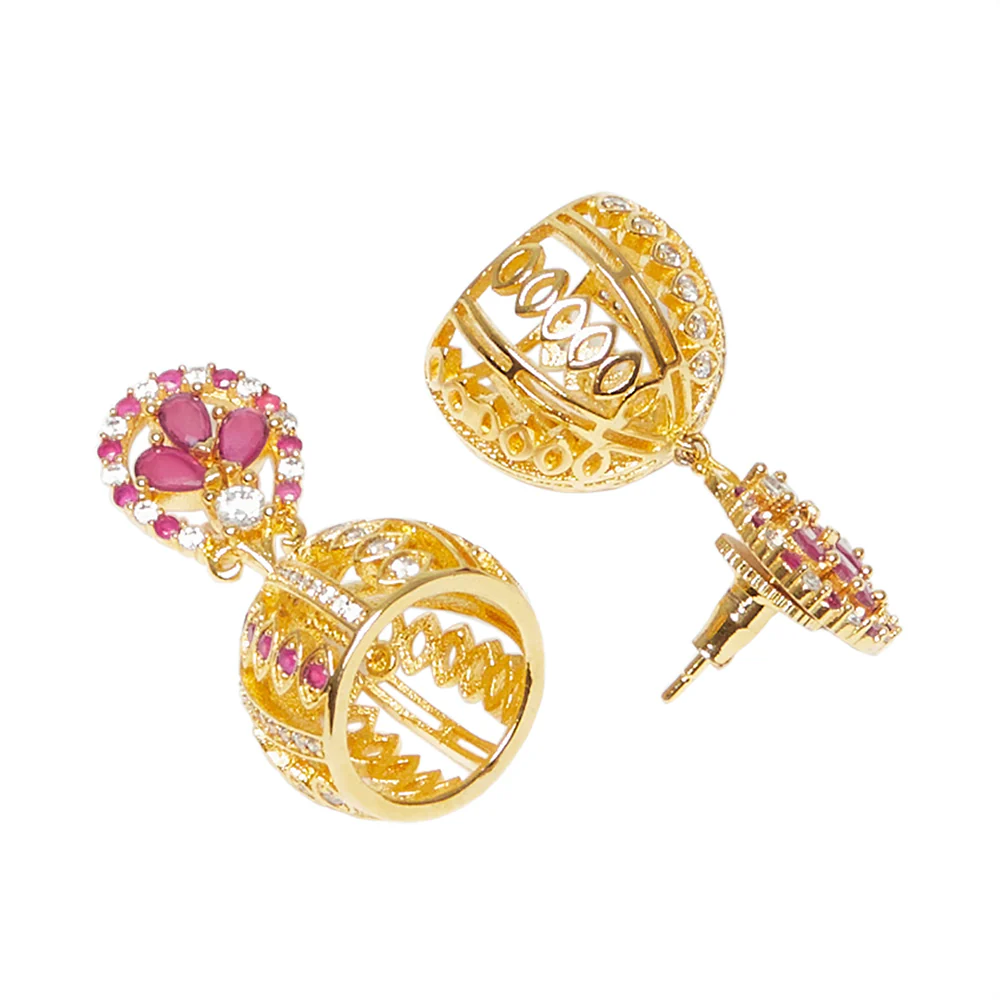 American Diamond CZ Traditional Gold Plated Red & White Brass Jhumka Earrings for Women - Image 4