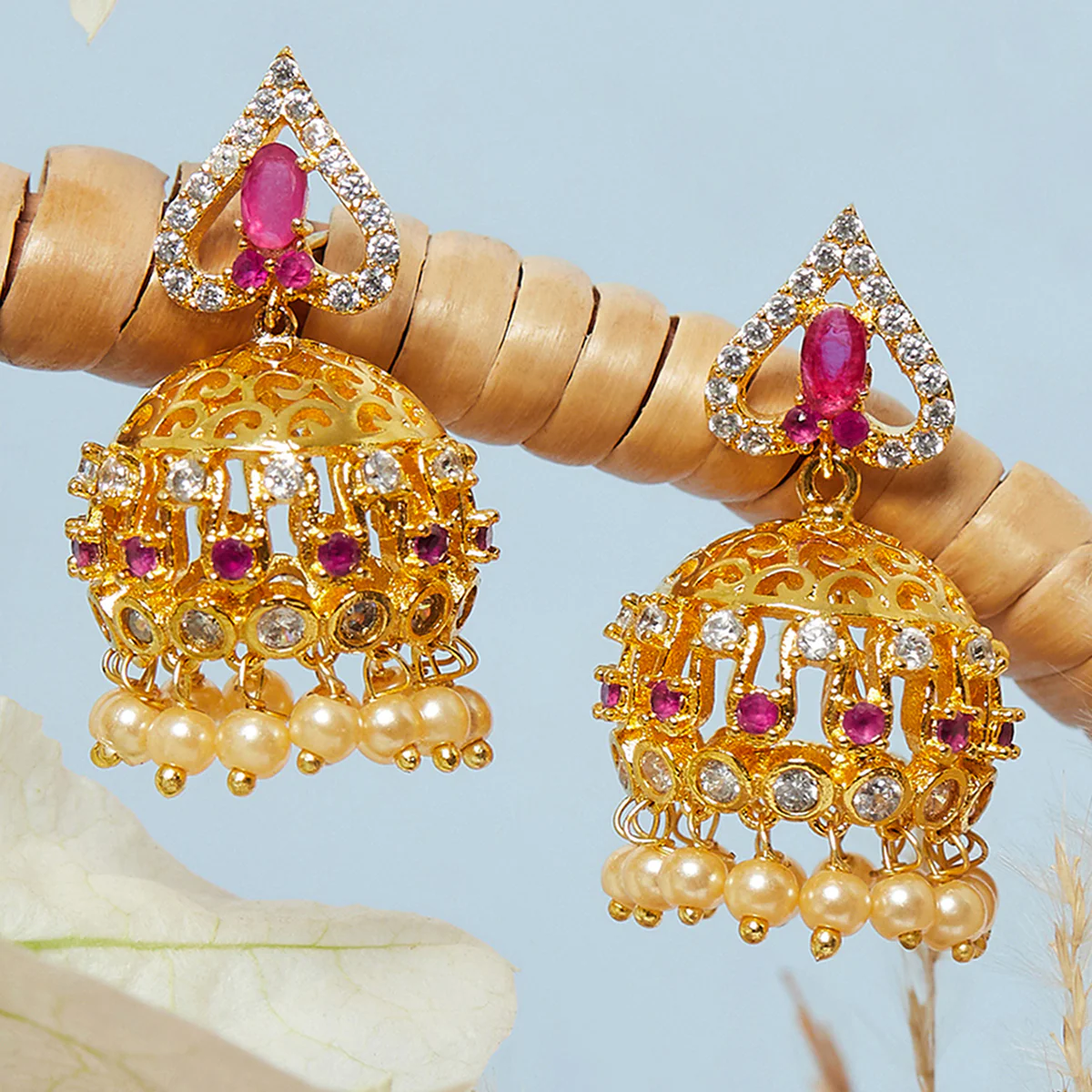 American Diamond CZ Traditional Gold Plated Red & White Brass Jhumka Earrings for Women