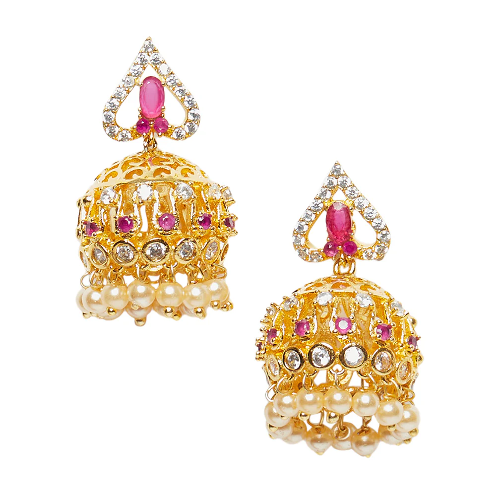 American Diamond CZ Traditional Gold Plated Red & White Brass Jhumka Earrings for Women - Image 3