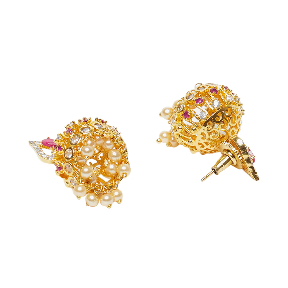 American Diamond CZ Traditional Gold Plated Red & White Brass Jhumka Earrings for Women - Image 4