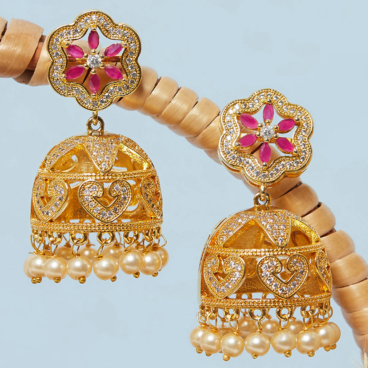 American Diamond CZ Traditional Gold Plated Red & White Brass Jhumka Earrings for Women