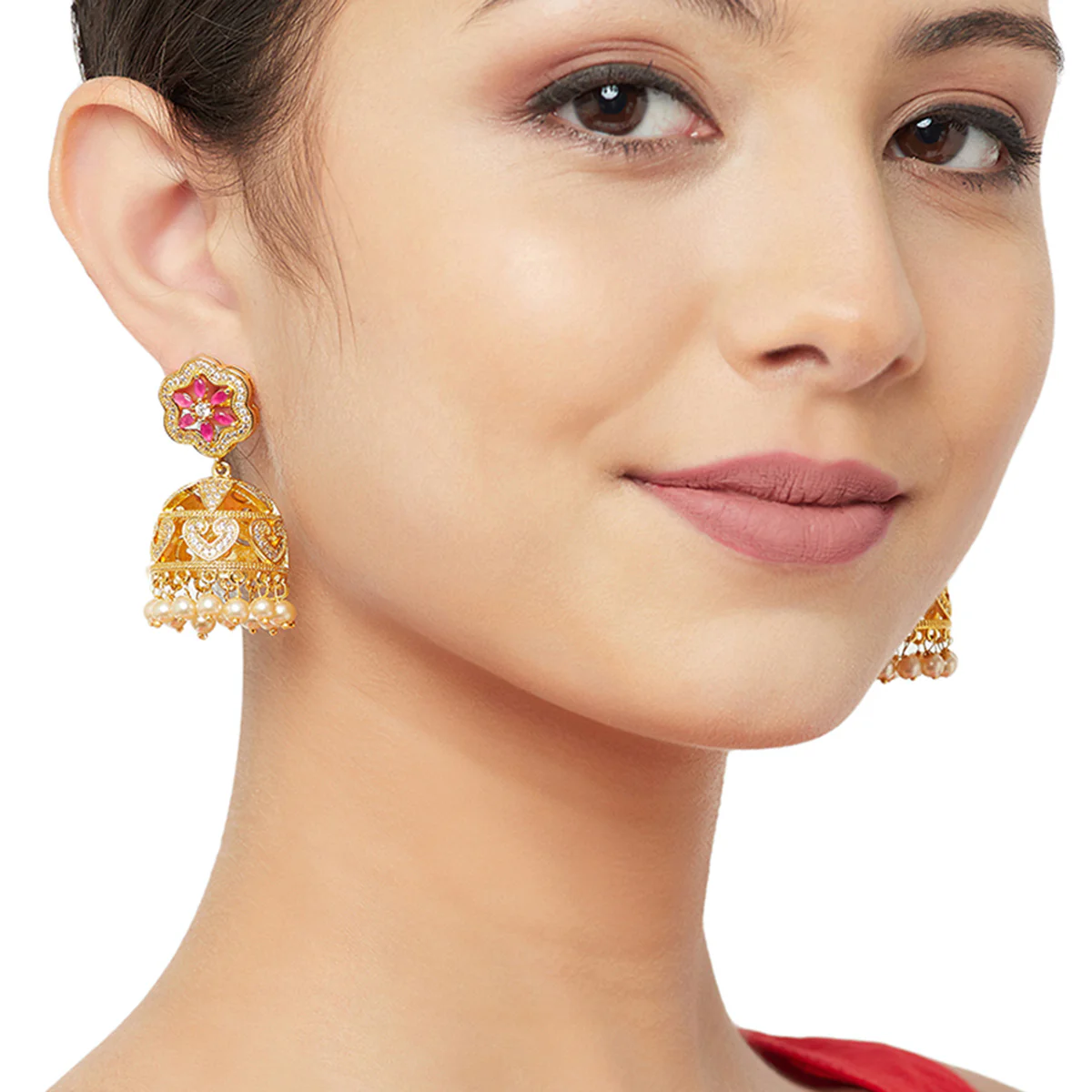 American Diamond CZ Traditional Gold Plated Red & White Brass Jhumka Earrings for Women - Image 2