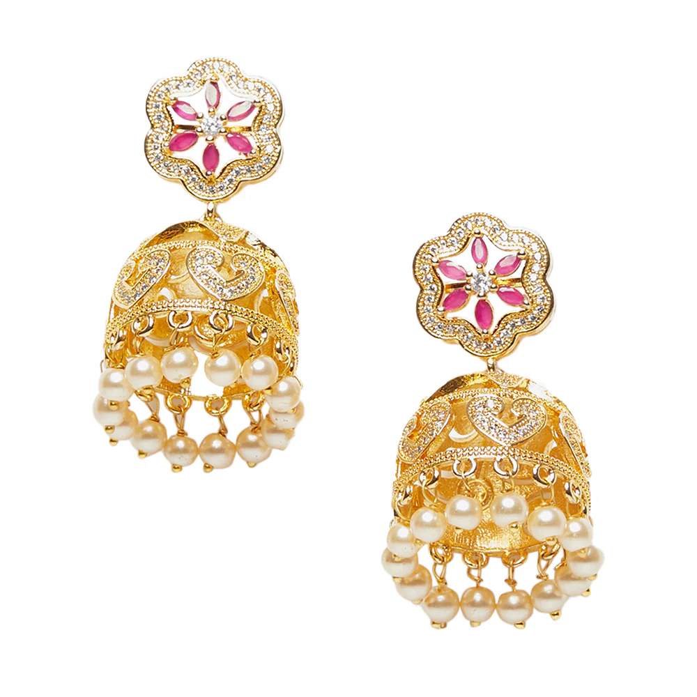 American Diamond CZ Traditional Gold Plated Red & White Brass Jhumka Earrings for Women - Image 3