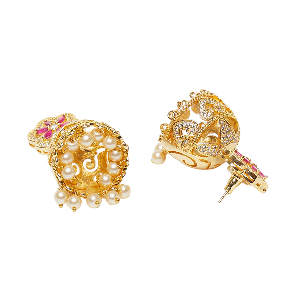 American Diamond CZ Traditional Gold Plated Red & White Brass Jhumka Earrings for Women - Image 4