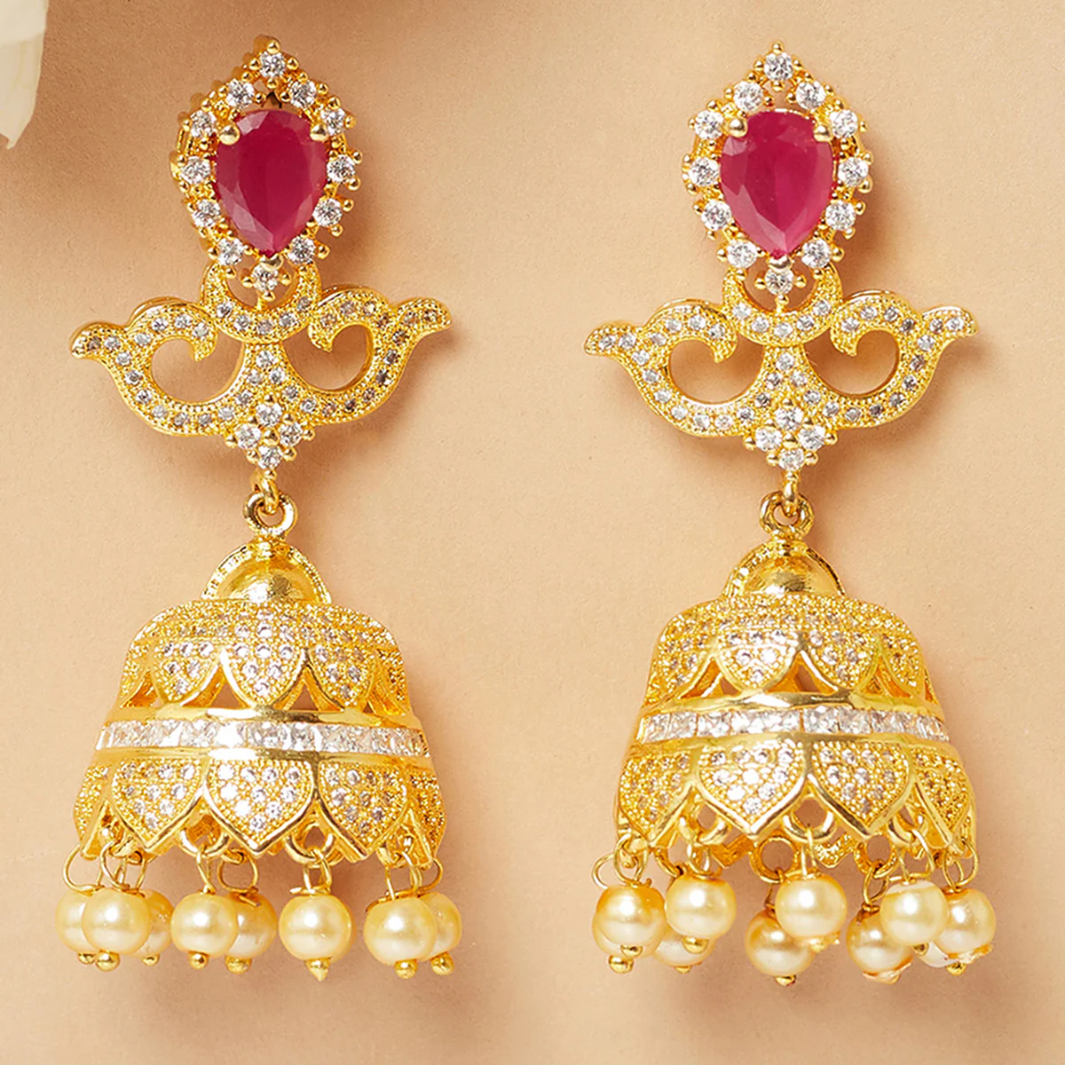 American Diamond CZ Traditional Gold Plated Red & White Brass Jhumka Earrings for Women