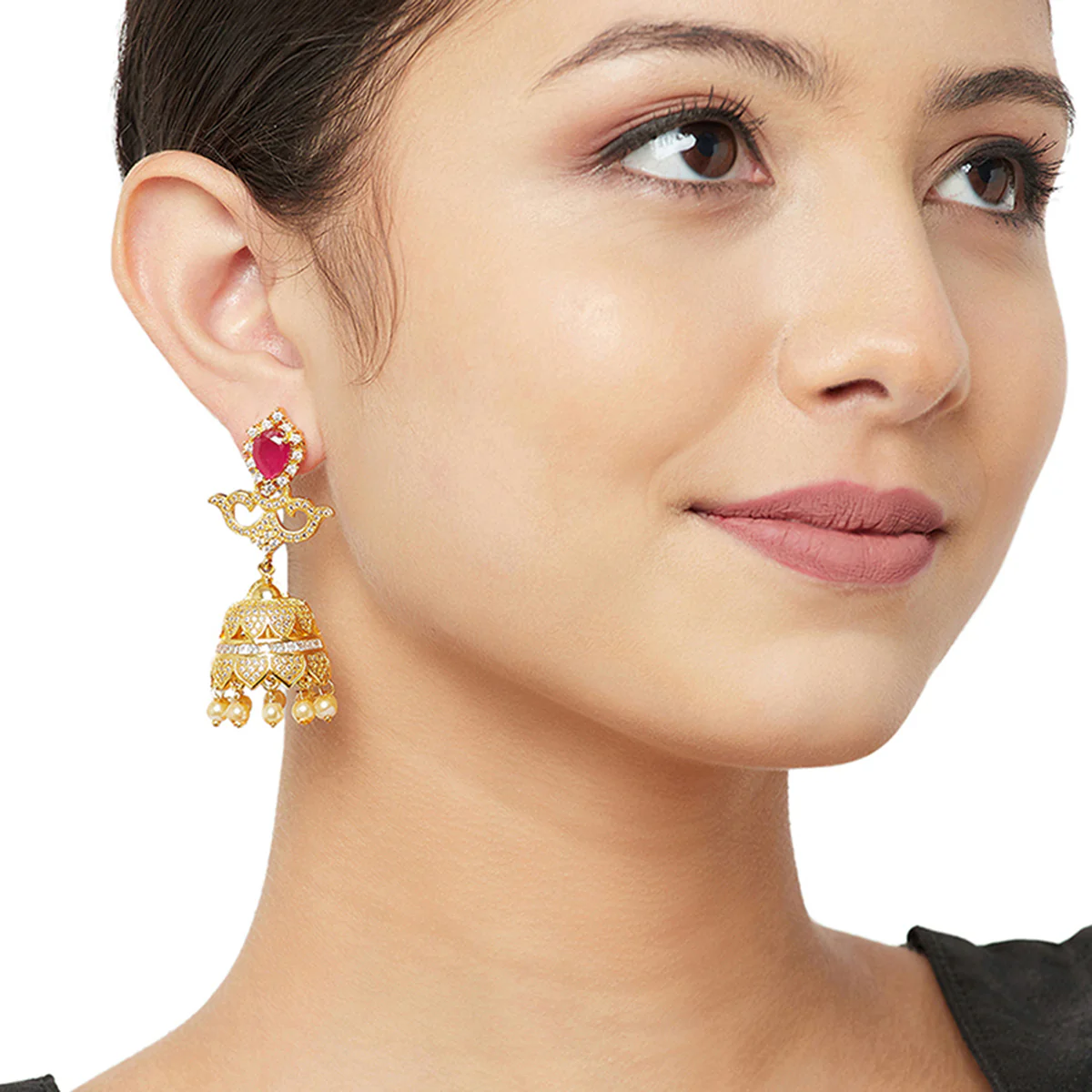 American Diamond CZ Traditional Gold Plated Red & White Brass Jhumka Earrings for Women - Image 2