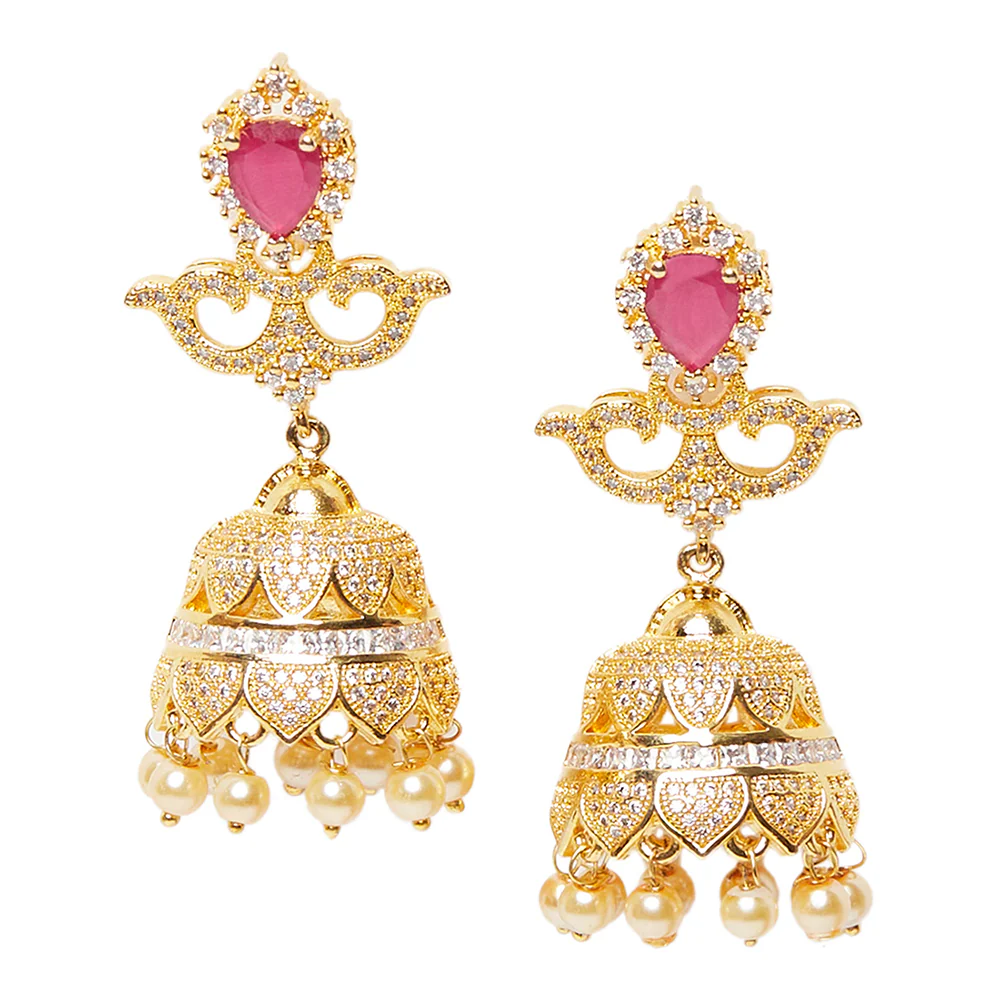 American Diamond CZ Traditional Gold Plated Red & White Brass Jhumka Earrings for Women - Image 3