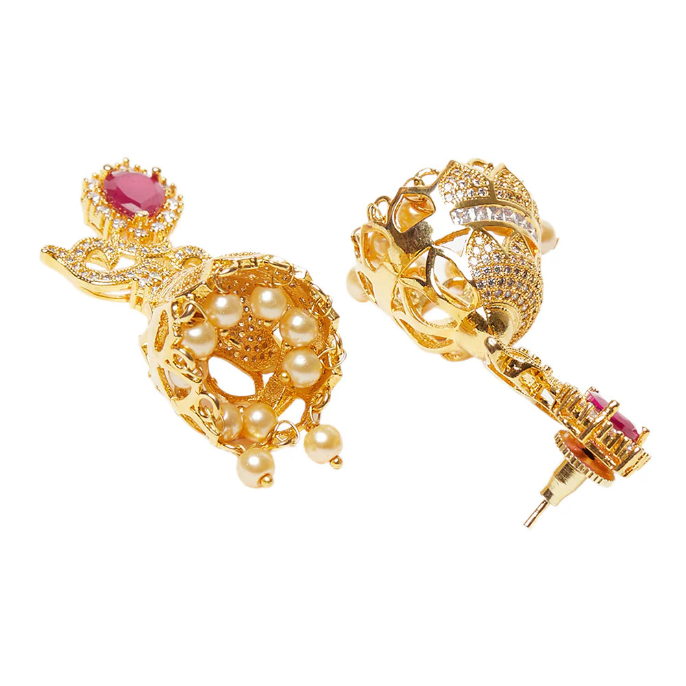 American Diamond CZ Traditional Gold Plated Red & White Brass Jhumka Earrings for Women - Image 4