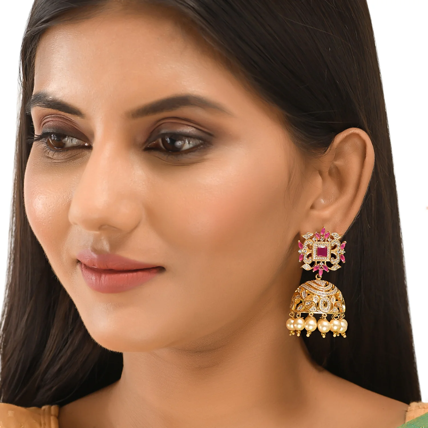 CZ Traditional Gold Plated Red & White Jhumka Earrings - Image 2