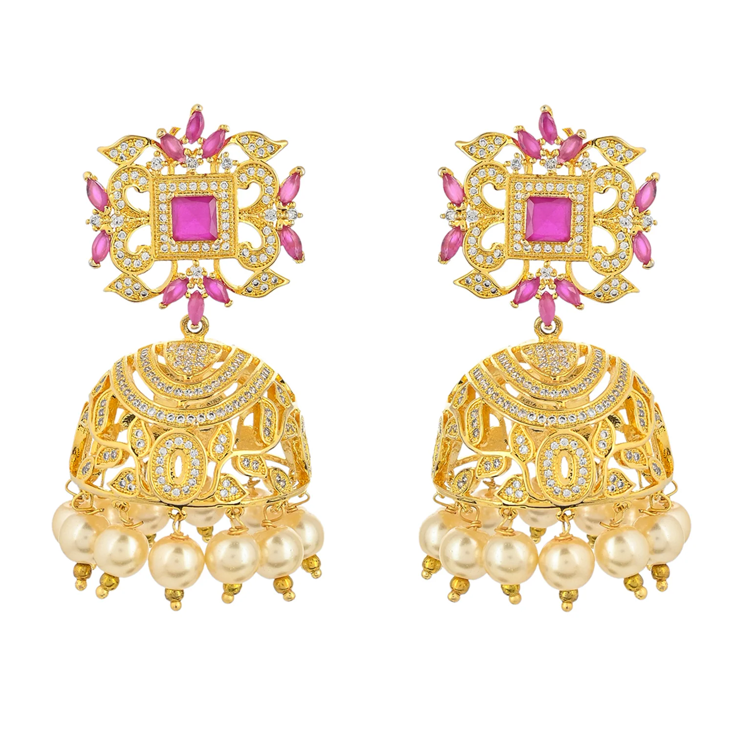 CZ Traditional Gold Plated Red & White Jhumka Earrings - Image 3