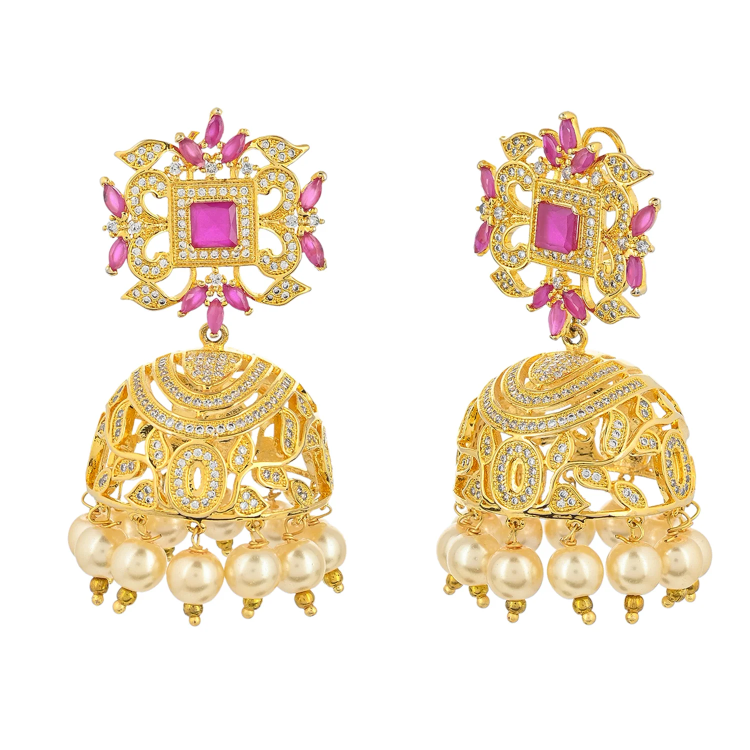 CZ Traditional Gold Plated Red & White Jhumka Earrings - Image 4