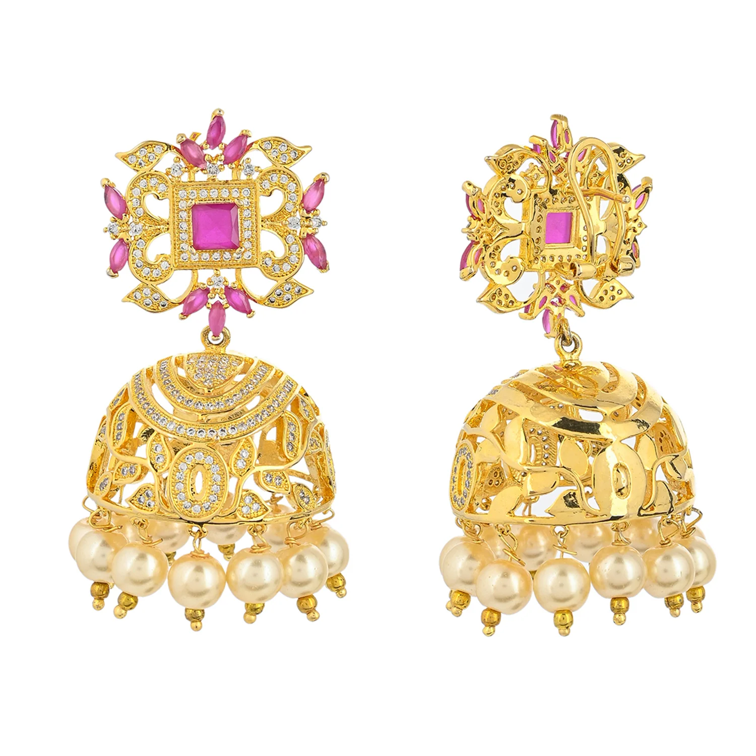 CZ Traditional Gold Plated Red & White Jhumka Earrings - Image 5