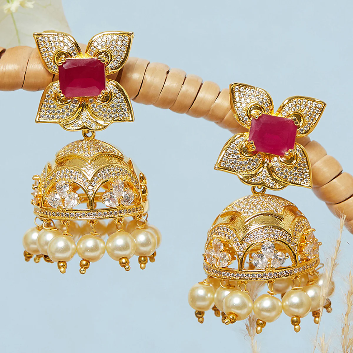 CZ Traditional Gold Plated Red & White Jhumka Earrings