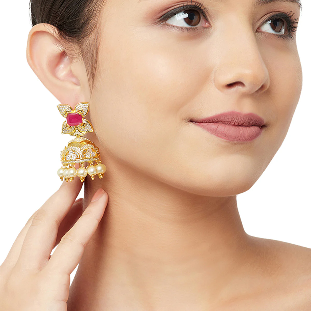 CZ Traditional Gold Plated Red & White Jhumka Earrings - Image 2