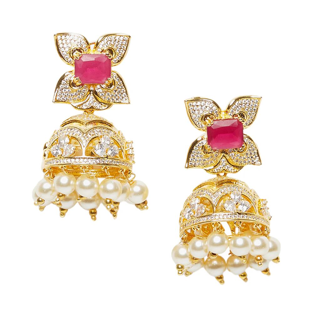 CZ Traditional Gold Plated Red & White Jhumka Earrings - Image 3