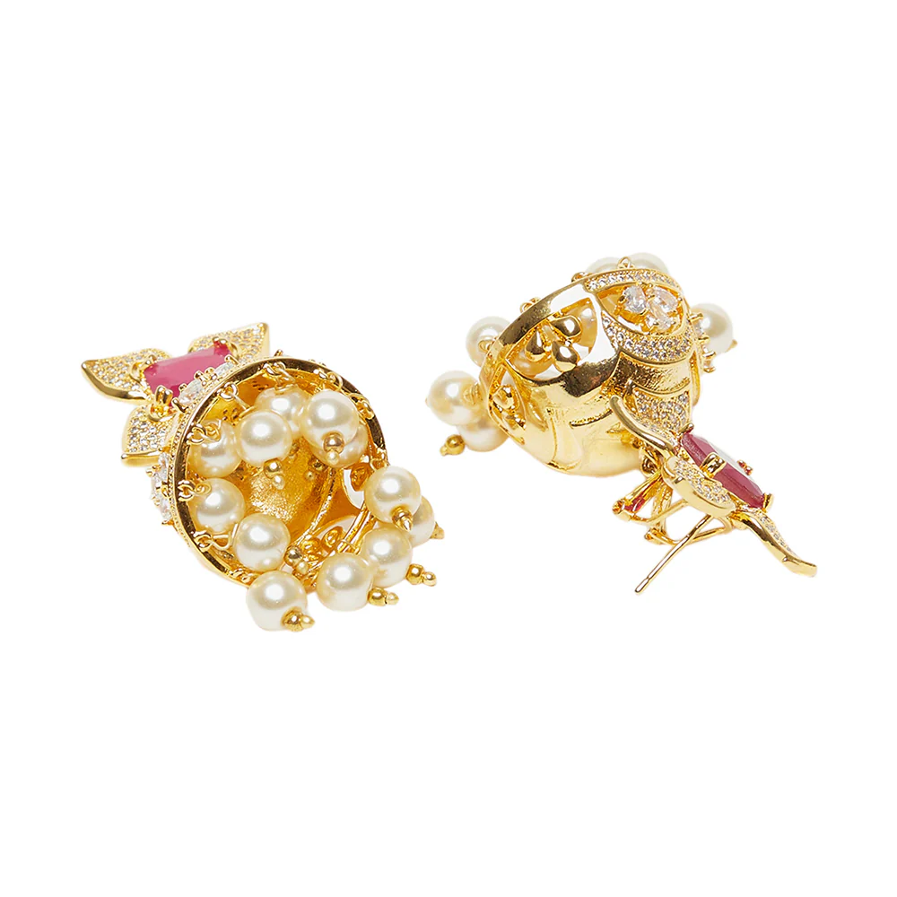 CZ Traditional Gold Plated Red & White Jhumka Earrings - Image 4