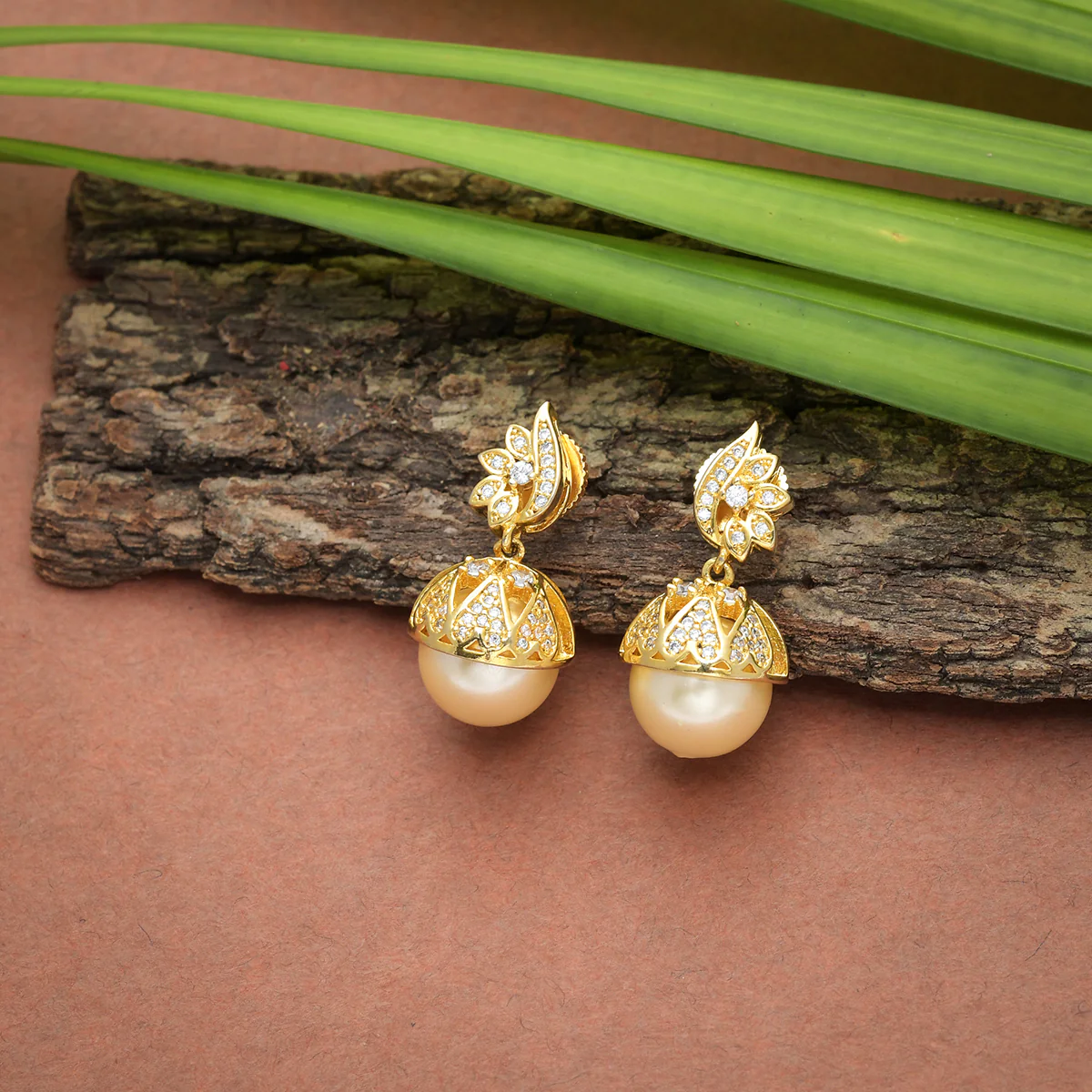 CZ Traditional Gold Plated White Jhumka Earrings