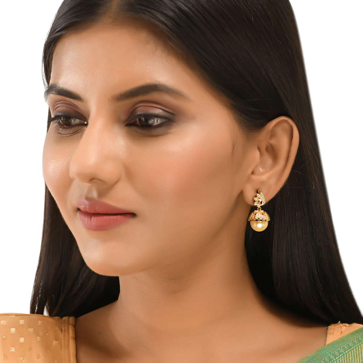 CZ Traditional Gold Plated White Jhumka Earrings - Image 2