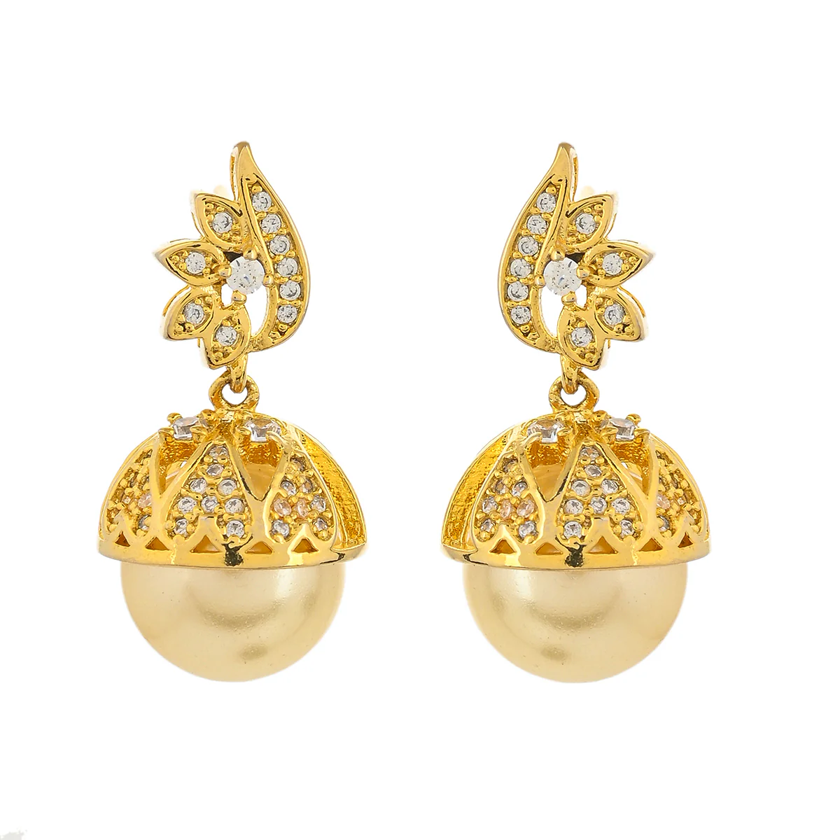 CZ Traditional Gold Plated White Jhumka Earrings - Image 3