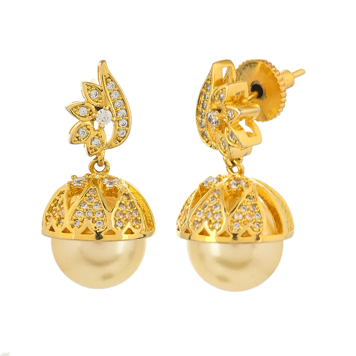 CZ Traditional Gold Plated White Jhumka Earrings - Image 4