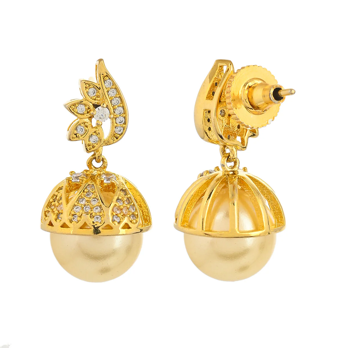 CZ Traditional Gold Plated White Jhumka Earrings - Image 5