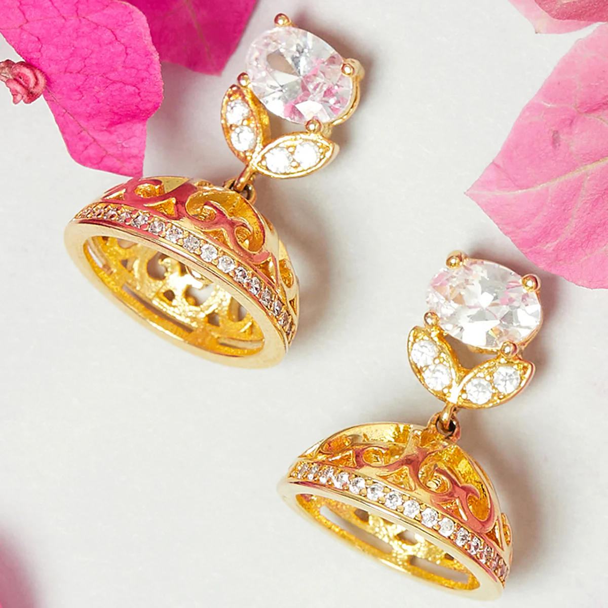 American Diamond CZ Traditional Gold Plated White Brass Jhumka Earrings for Women