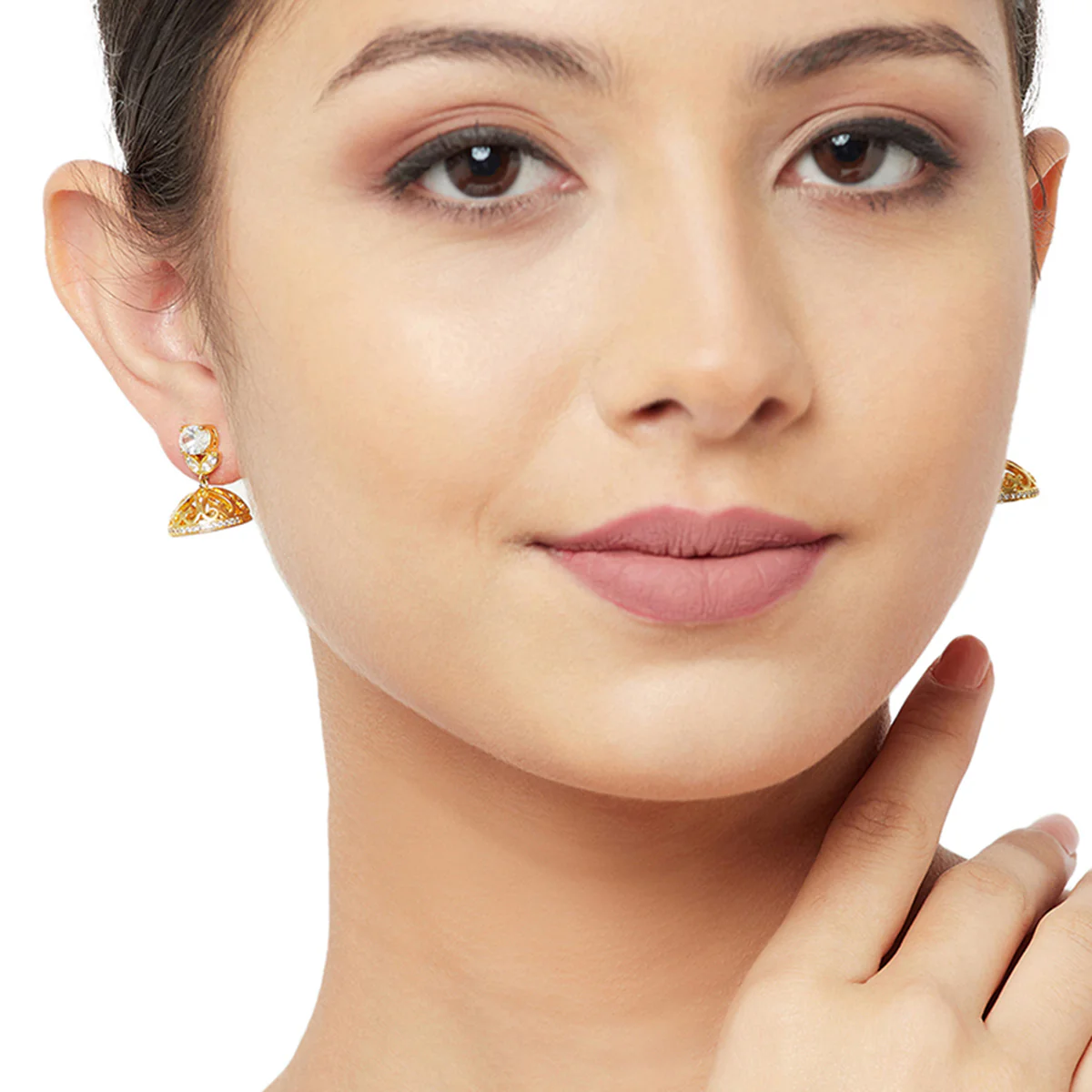 American Diamond CZ Traditional Gold Plated White Brass Jhumka Earrings for Women - Image 2