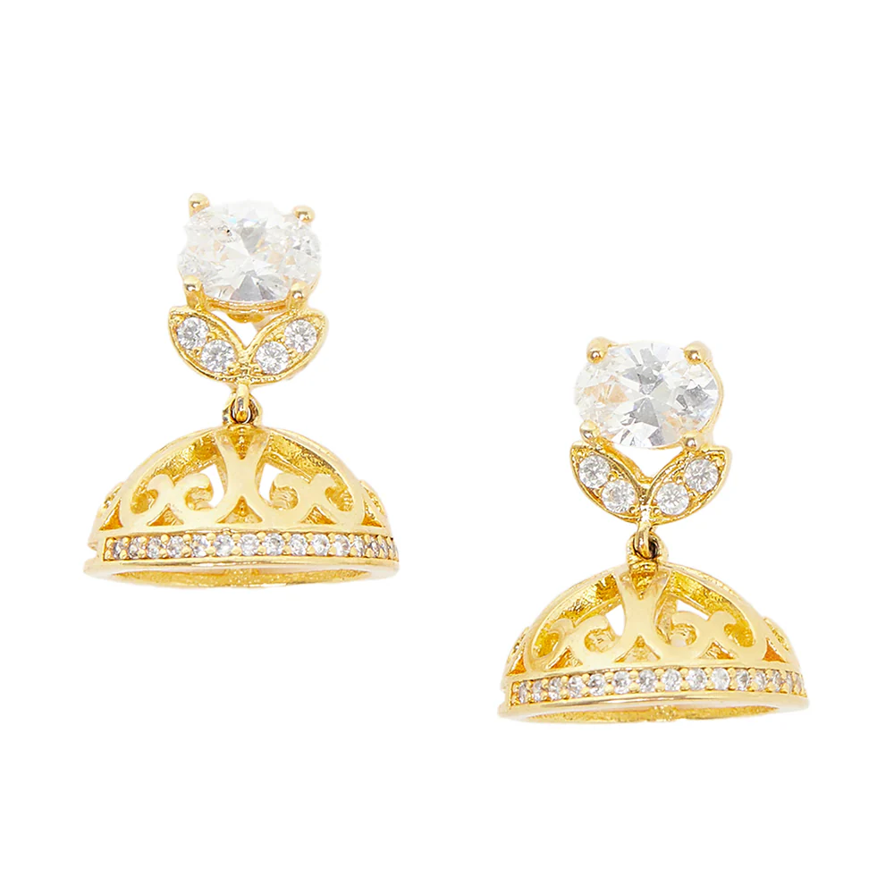 American Diamond CZ Traditional Gold Plated White Brass Jhumka Earrings for Women - Image 3