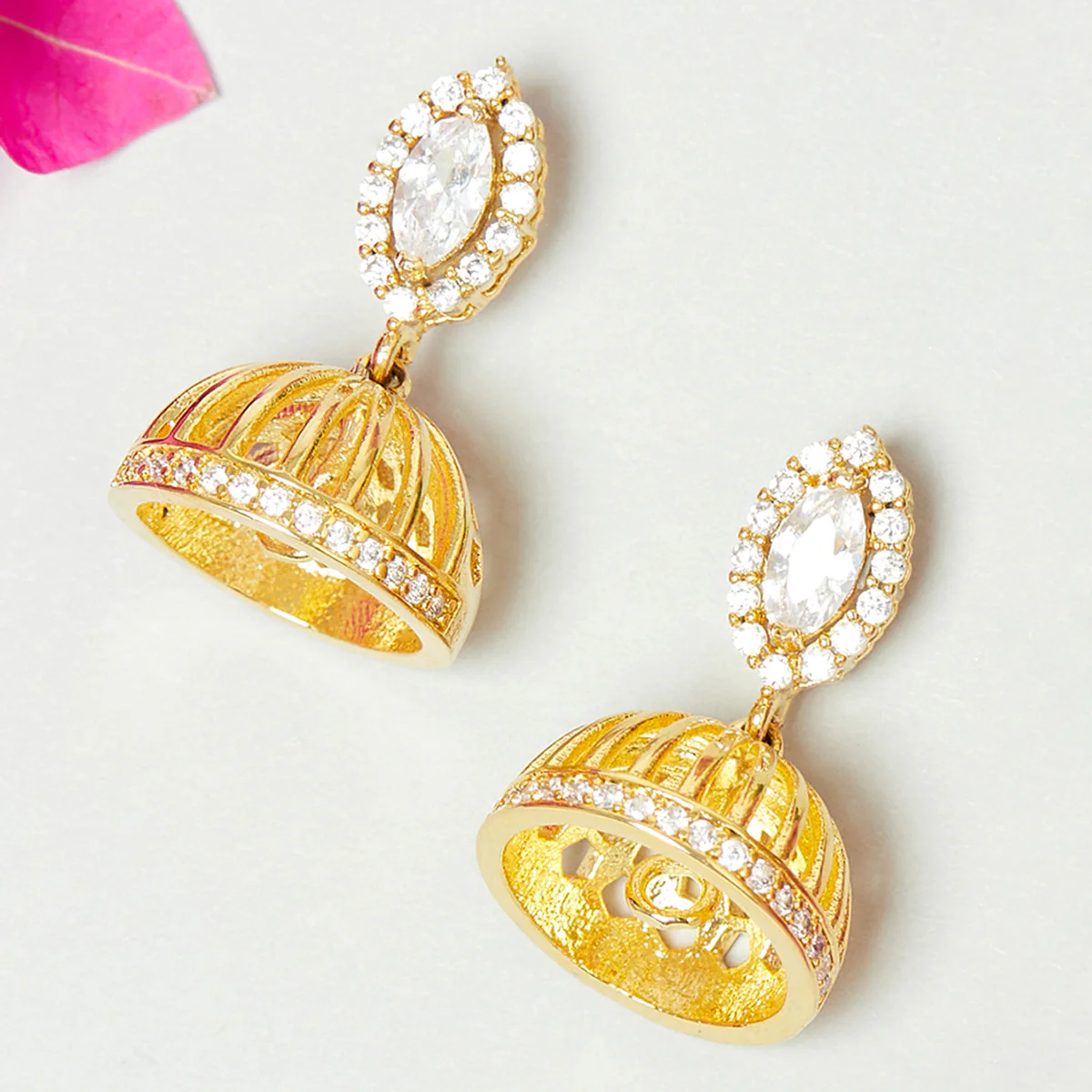 American Diamond CZ Traditional Gold Plated White Brass Jhumka Earrings for Women