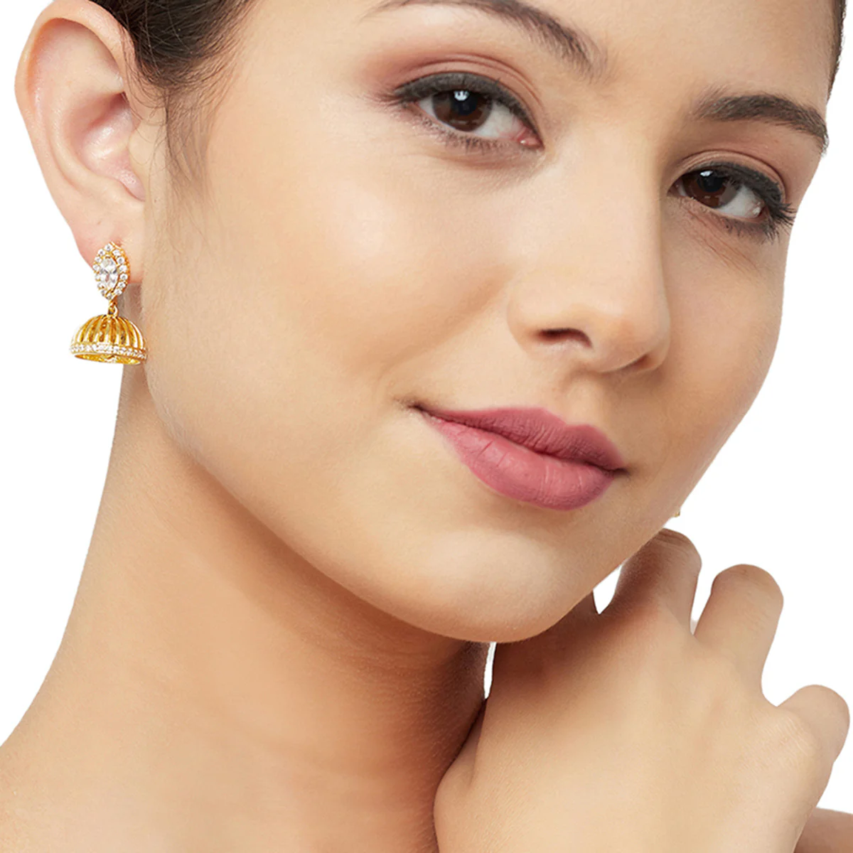 American Diamond CZ Traditional Gold Plated White Brass Jhumka Earrings for Women - Image 2