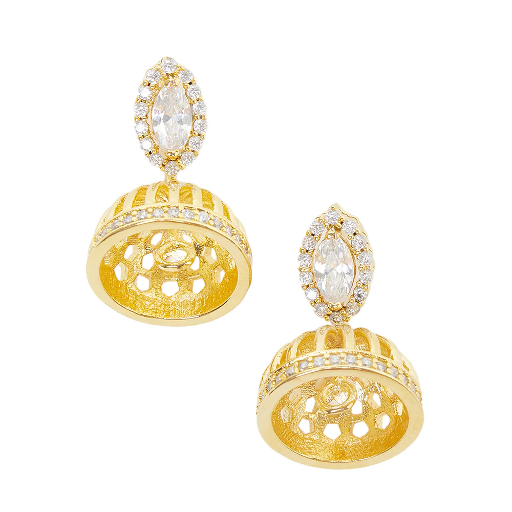 American Diamond CZ Traditional Gold Plated White Brass Jhumka Earrings for Women - Image 3
