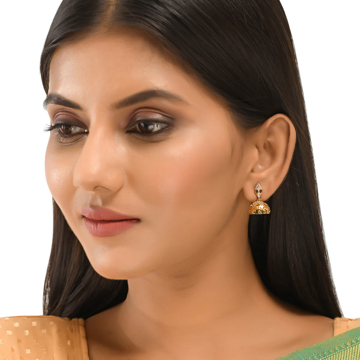 CZ Traditional Gold Plated White Jhumka Earrings - Image 2