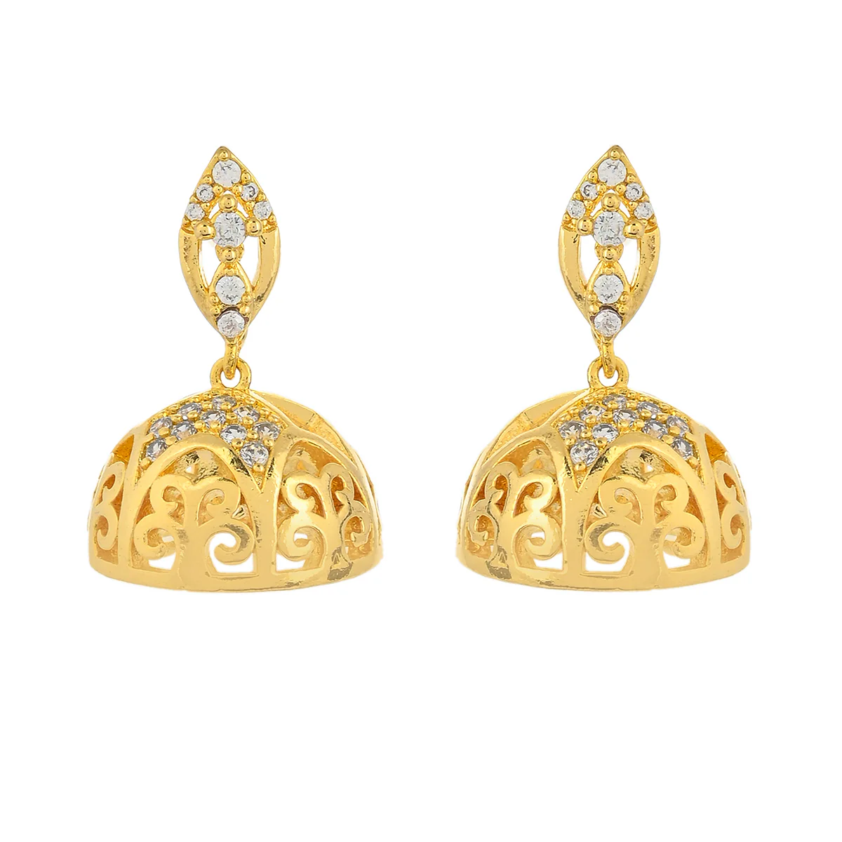CZ Traditional Gold Plated White Jhumka Earrings - Image 3