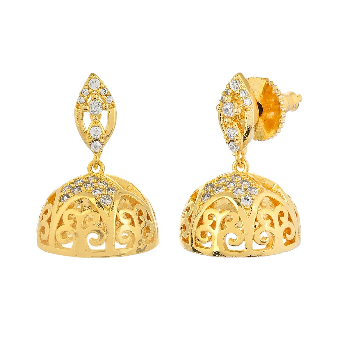 CZ Traditional Gold Plated White Jhumka Earrings - Image 4