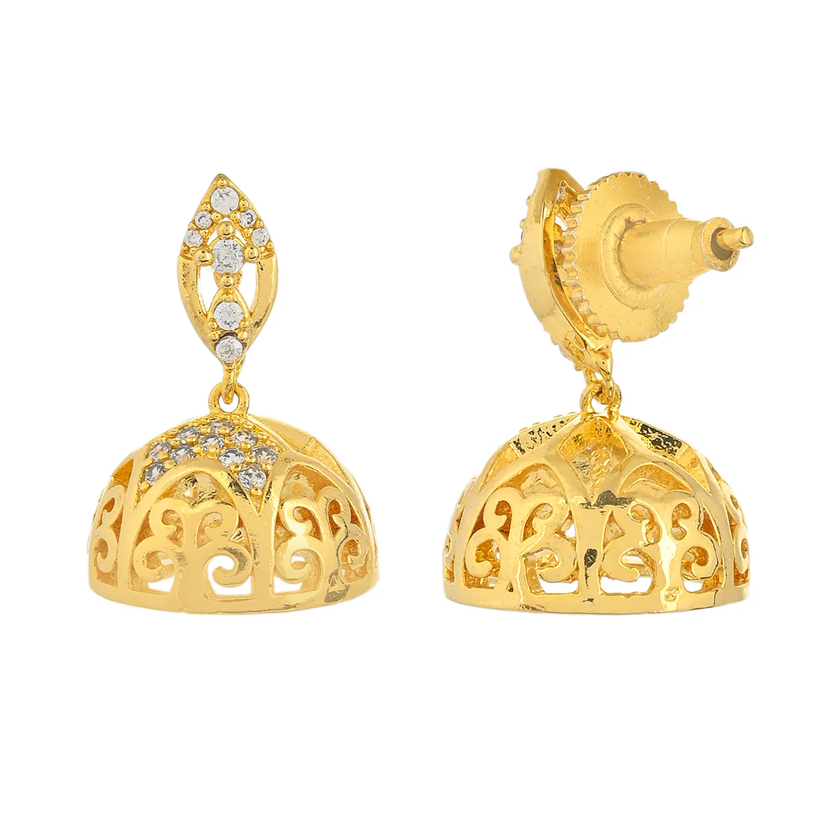 CZ Traditional Gold Plated White Jhumka Earrings - Image 5