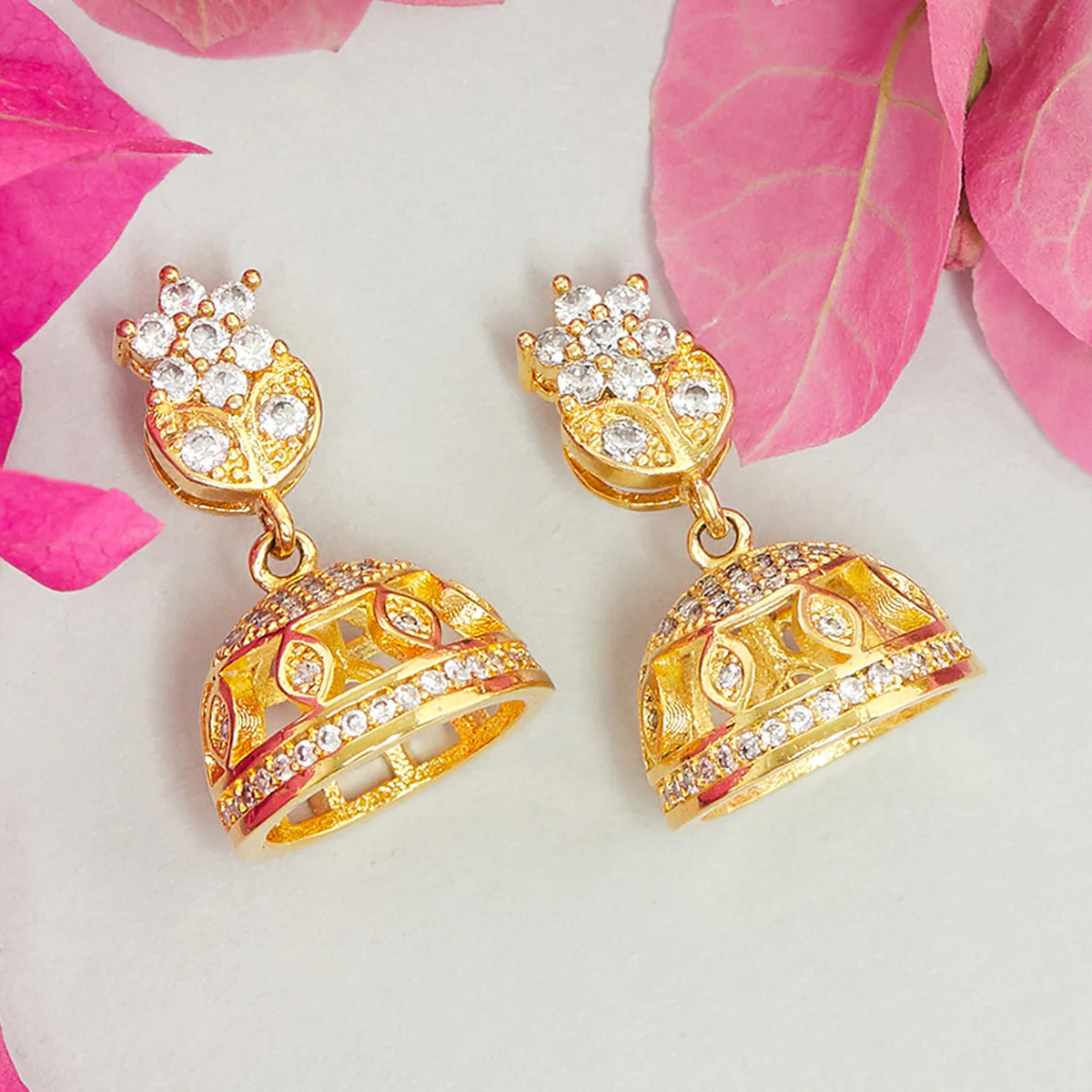 American Diamond CZ Traditional Gold Plated White Brass Jhumka Earrings for Women