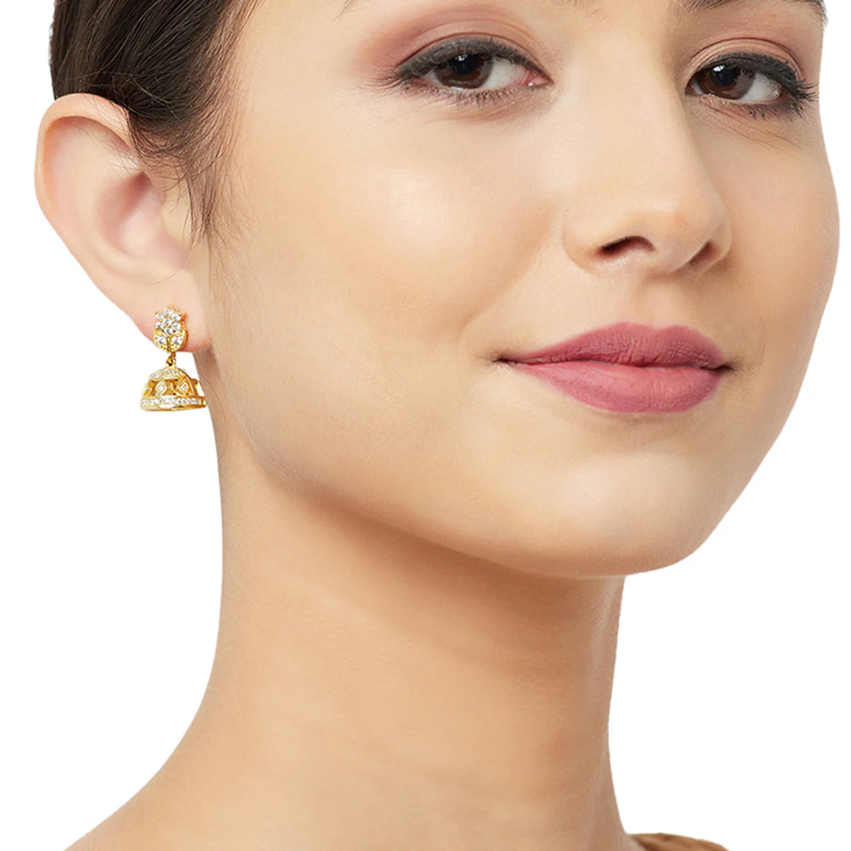 American Diamond CZ Traditional Gold Plated White Brass Jhumka Earrings for Women - Image 2