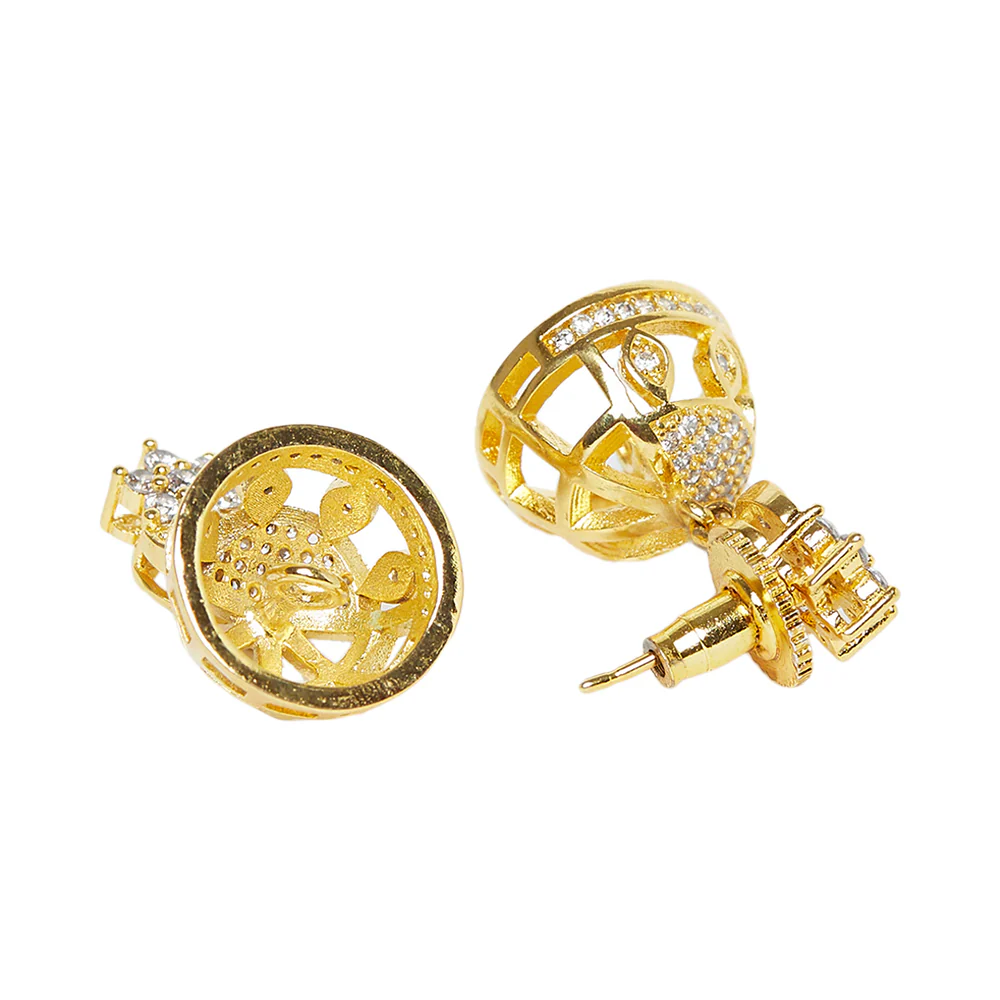American Diamond CZ Traditional Gold Plated White Brass Jhumka Earrings for Women - Image 4