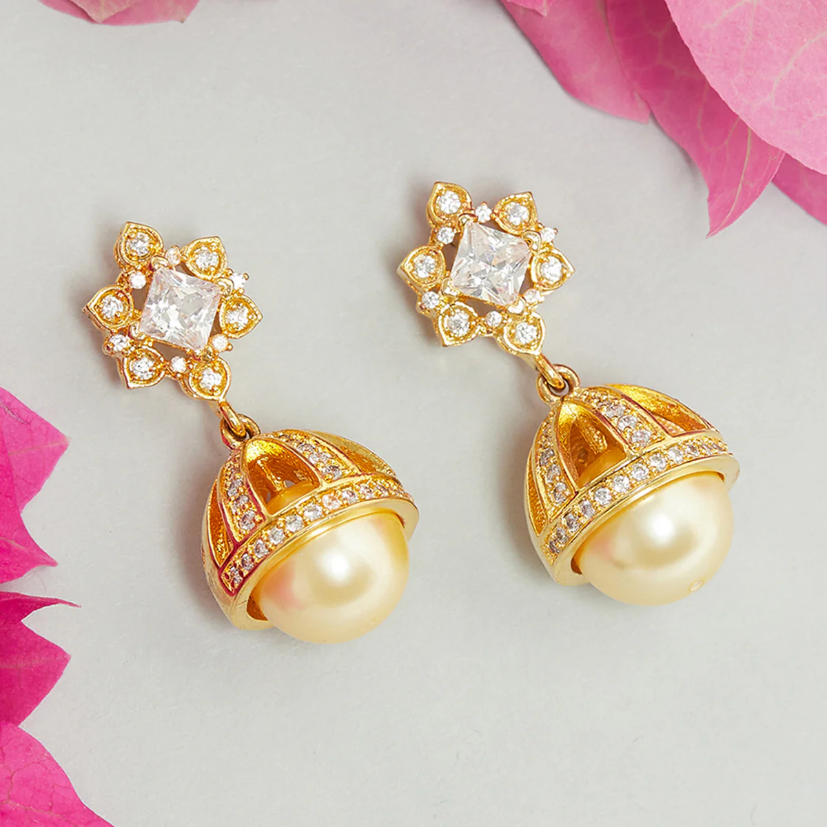 American Diamond CZ Traditional Gold Plated White Brass Jhumka Earrings for Women