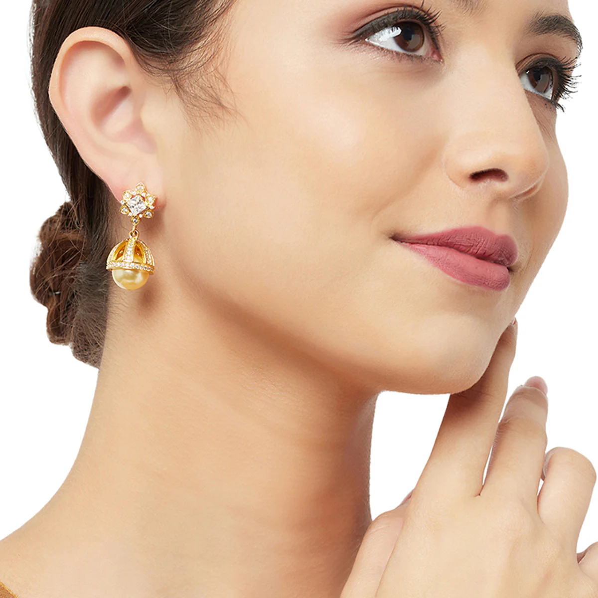 American Diamond CZ Traditional Gold Plated White Brass Jhumka Earrings for Women - Image 2