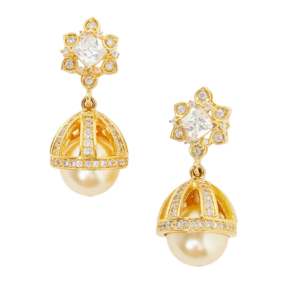 American Diamond CZ Traditional Gold Plated White Brass Jhumka Earrings for Women - Image 3