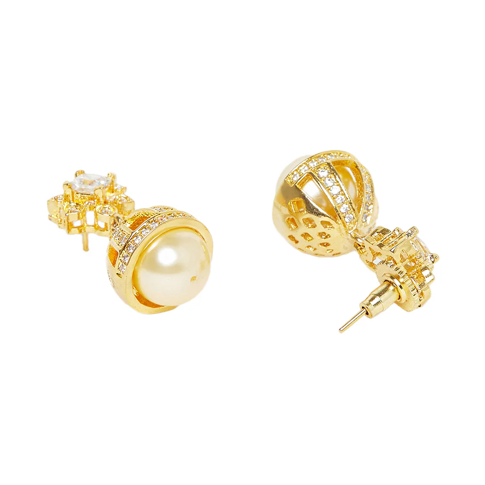 American Diamond CZ Traditional Gold Plated White Brass Jhumka Earrings for Women - Image 4