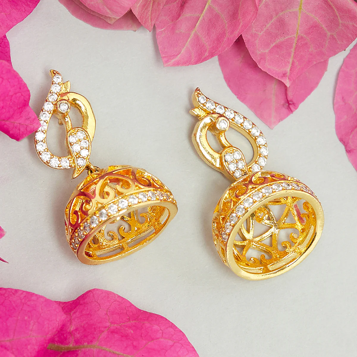 CZ Traditional Gold Plated White Jhumka Earrings