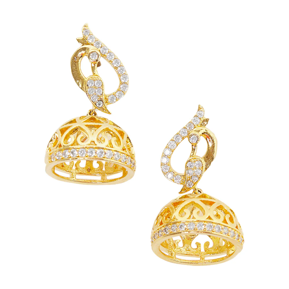 CZ Traditional Gold Plated White Jhumka Earrings - Image 3