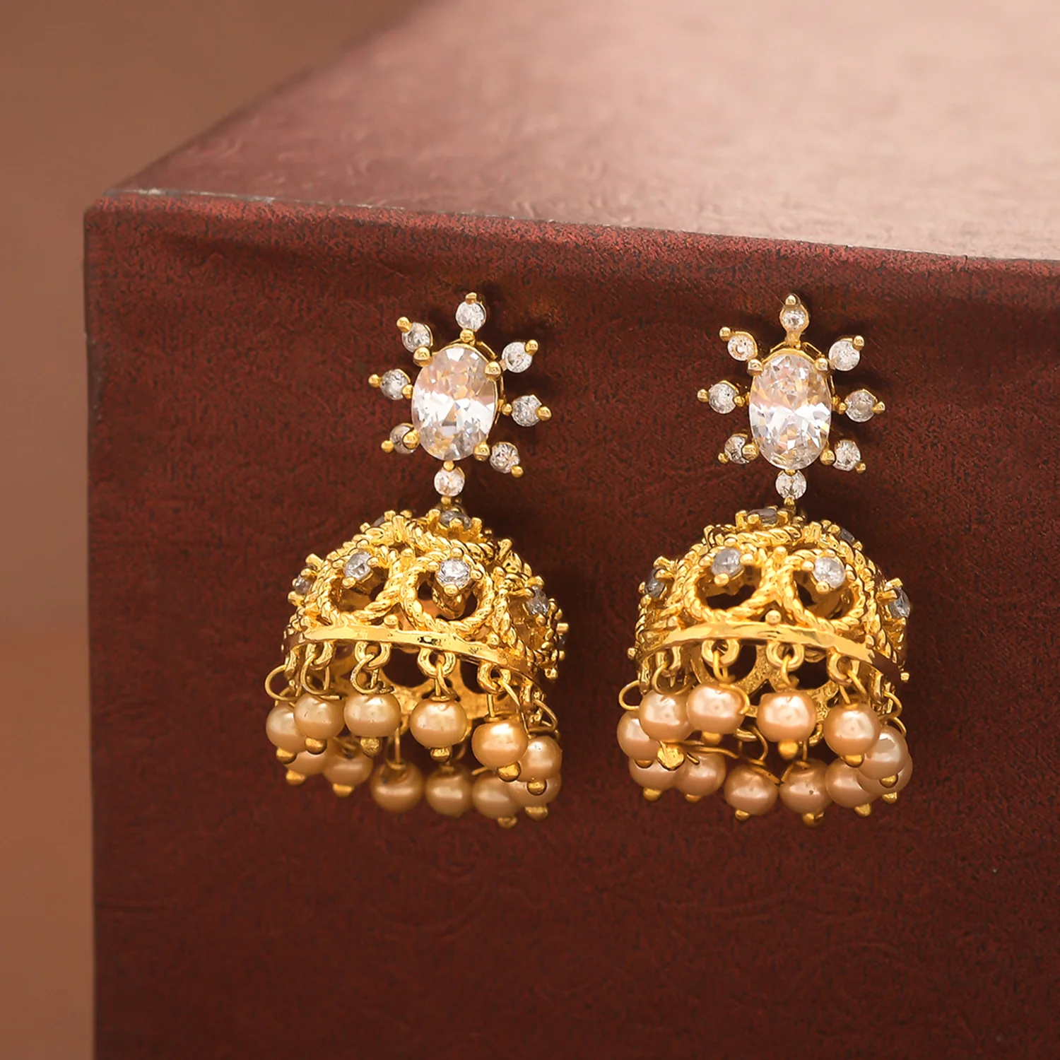 CZ Traditional Gold Plated White Jhumka Earrings