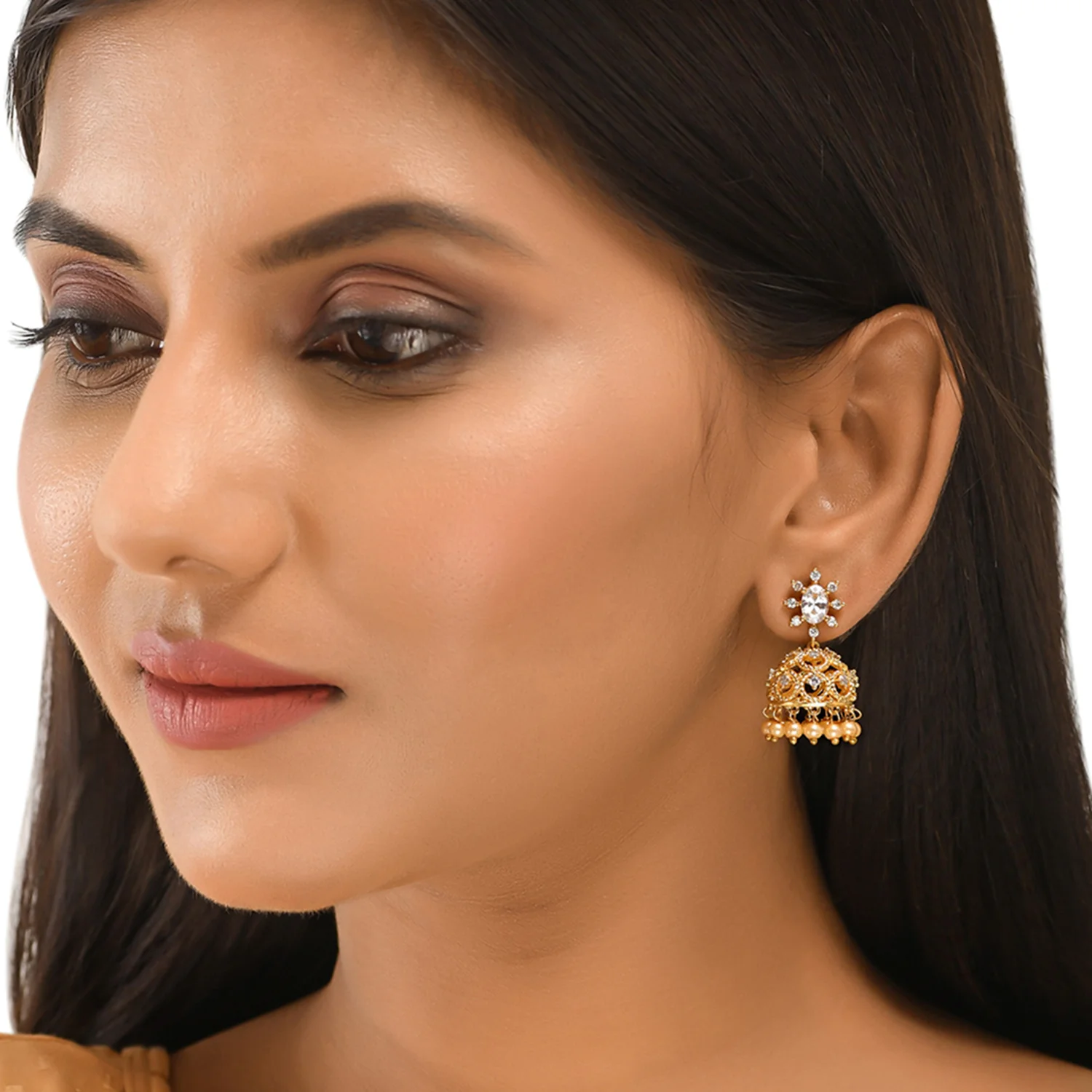 CZ Traditional Gold Plated White Jhumka Earrings - Image 2