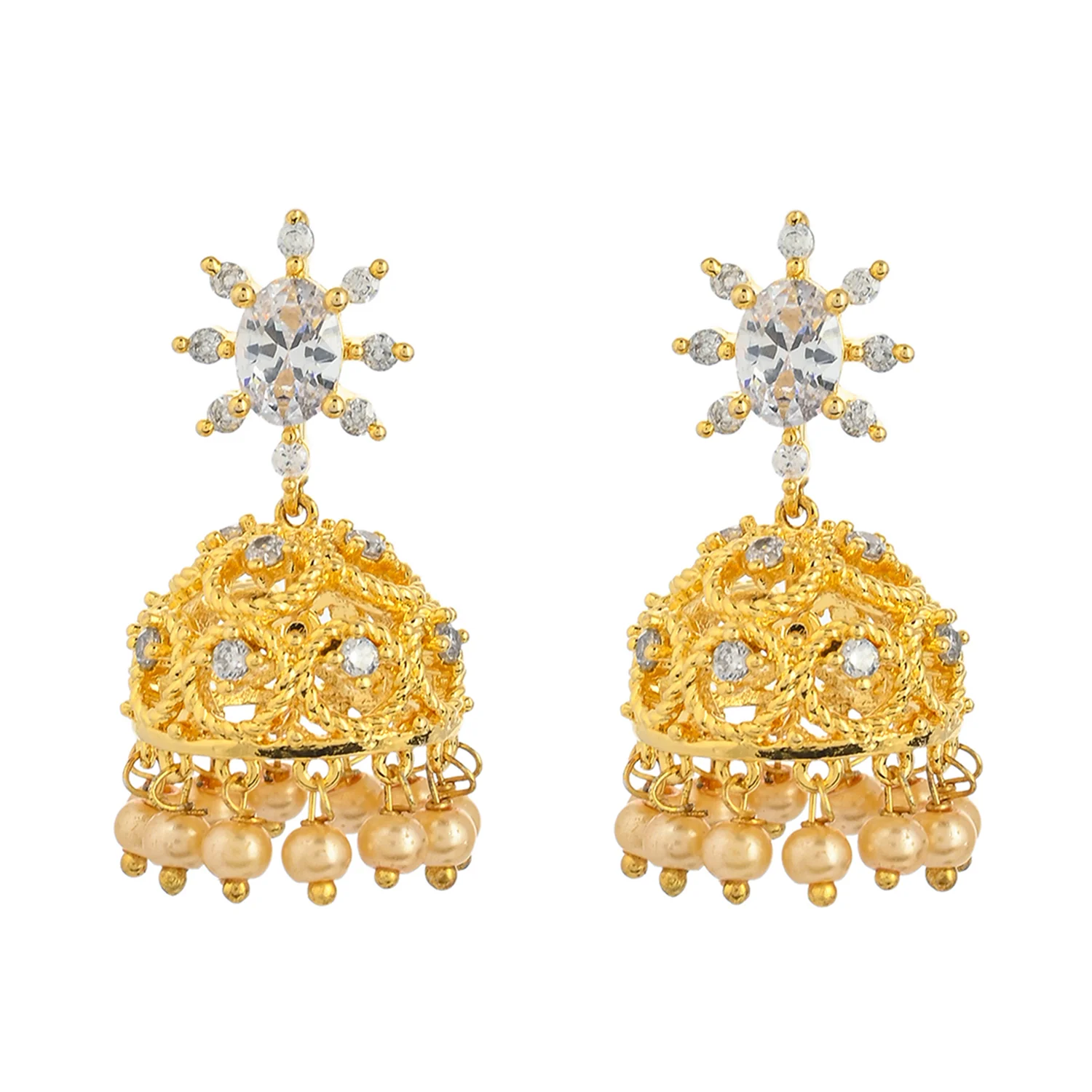 CZ Traditional Gold Plated White Jhumka Earrings - Image 3